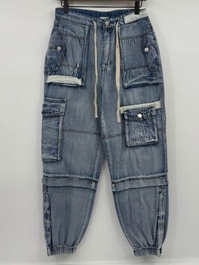 Pol Jeans Women Medium Blue Oversized Denim Cargo Pant Joggers Drawstring